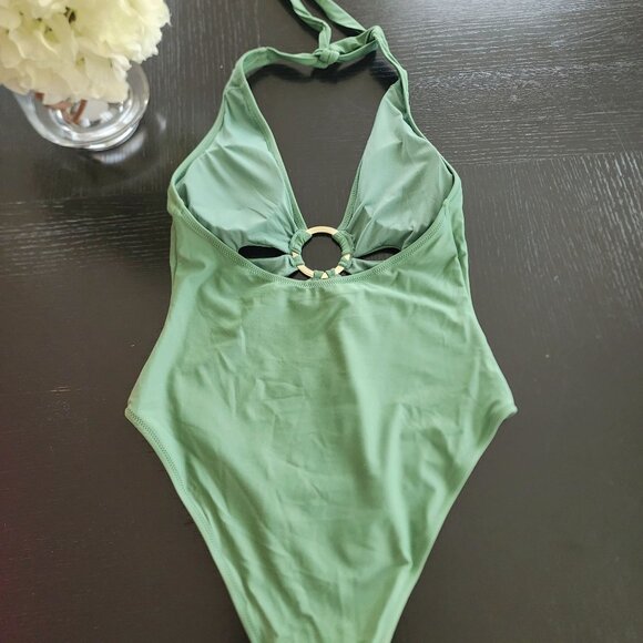 Boho Floral Cutout Ring Detail Halter 1pc Full Coverage Swimsuit|Green Sz. L - Picture 6 of 7
